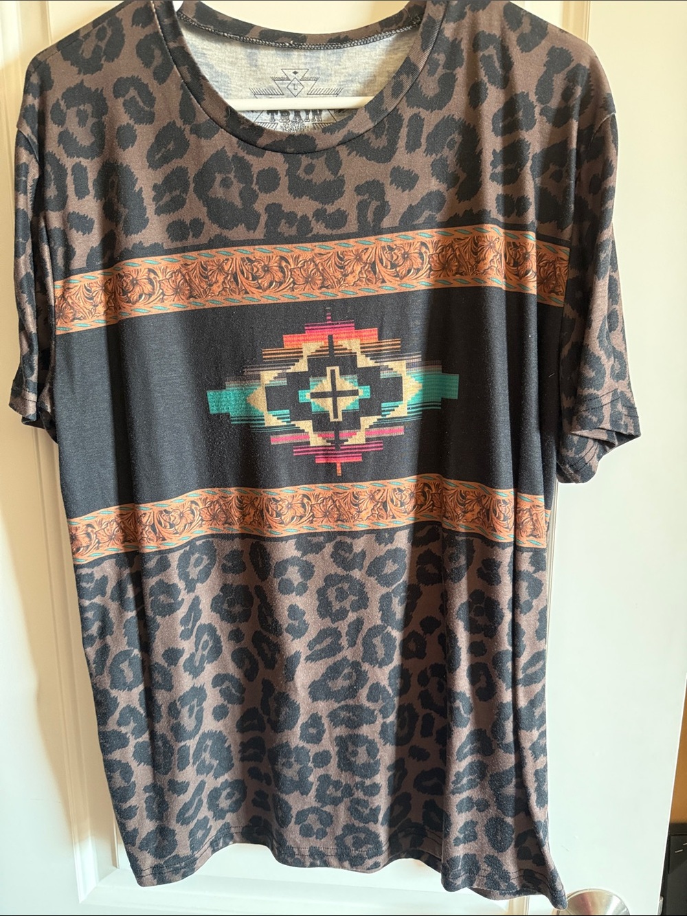 Crazy Train Brown Leopard Tee with Aztec Center Graphic